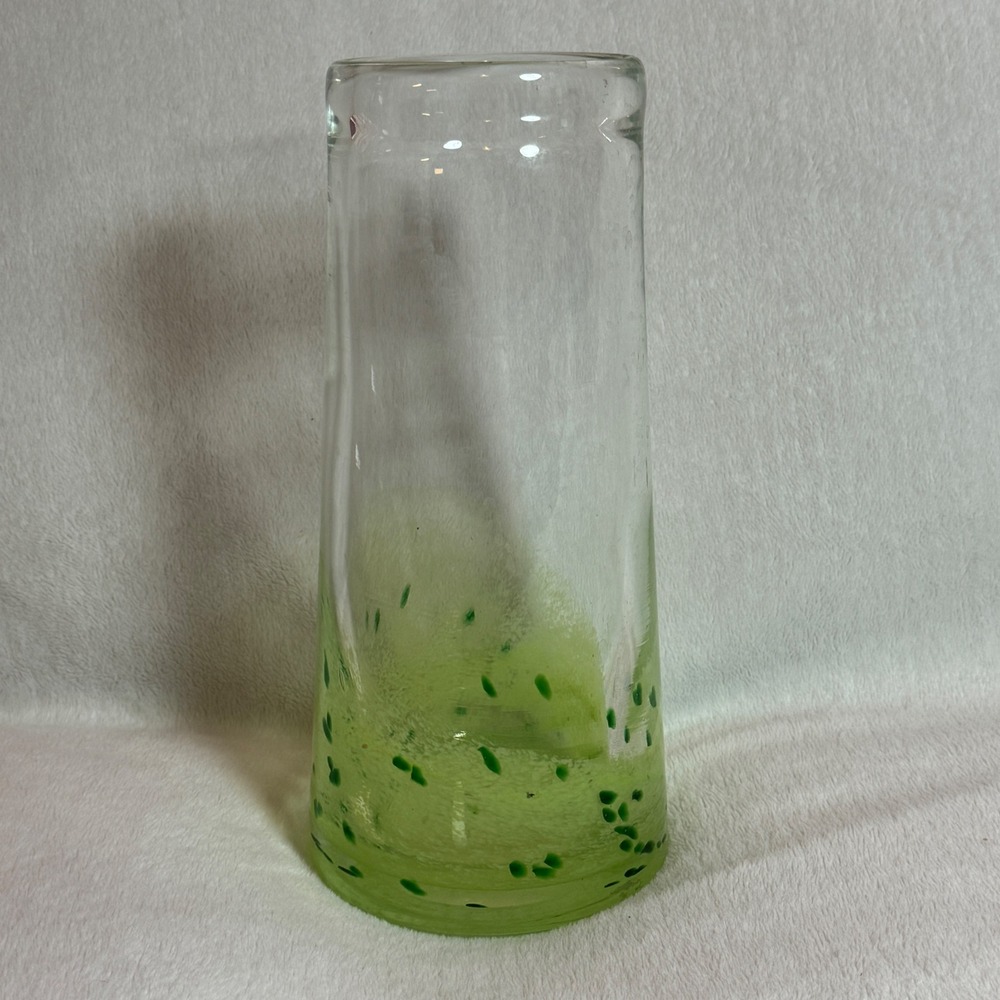 Beautiful Art Glass Thick Vase Clear Yellow with Dark Green Confetti 9.5 in